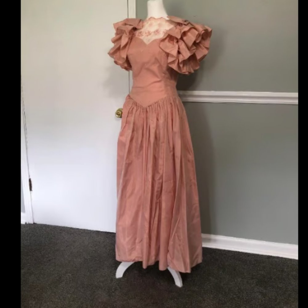 Vintage 1980s Does 1930s Ruffle Bow Sleeve Diamante Princesscore Gown - Picture 1 of 8